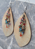 Large Oval Leather Earrings with a Glass Beaded Long and Colorful Dangle