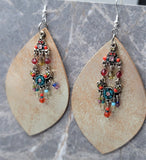 Large Oval Leather Earrings with a Glass Beaded Long and Colorful Dangle