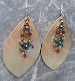 Large Oval Leather Earrings with a Glass Beaded Long and Colorful Dangle