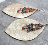 Large Oval Leather Earrings with a Glass Beaded Long and Colorful Dangle