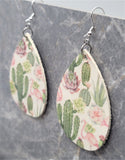 Cactus and Pink Flamingo Patterned Tear Drop Shaped Real Leather Earrings