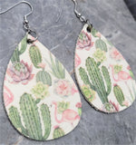 Cactus and Pink Flamingo Patterned Tear Drop Shaped Real Leather Earrings