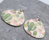 Cactus and Pink Flamingo Patterned Tear Drop Shaped Real Leather Earrings