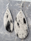 White and Black Hair on Hide Real Leather Tear Drop Earrings