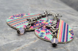 Aztec Patterned Tear Drop Shaped Real Leather Earrings with Love Arrow Charm and Rose Opal Swarovski Crystal Dangles
