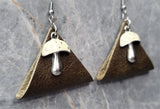 Olive Green Real Leather Earrings with Black Cap Mushroom Charms