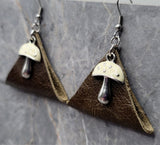 Olive Green Real Leather Earrings with Black Cap Mushroom Charms
