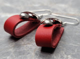 Red Leather Loop Earrings with Black Cap Mushroom Charms