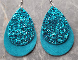 Layered Turquoise Blue Teardrop REAL Suede Earrings with Turquoise Glitter FAUX Leather Overlay
