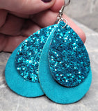 Layered Turquoise Blue Teardrop REAL Suede Earrings with Turquoise Glitter FAUX Leather Overlay