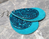 Layered Turquoise Blue Teardrop REAL Suede Earrings with Turquoise Glitter FAUX Leather Overlay