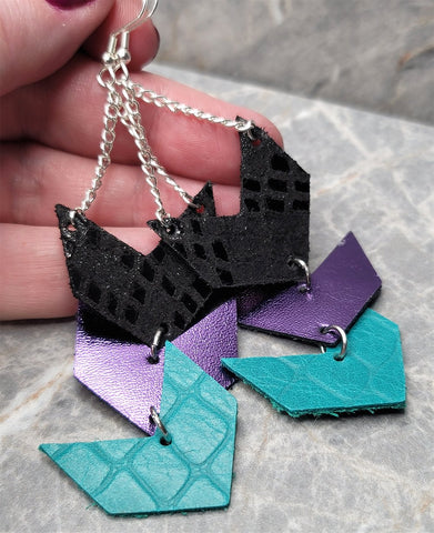 Black, Purple and Teal Chevron Real Leather Earrings