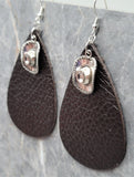Dark Brown Teardrop REAL Leather Earrings with Cowboy Hat Charms