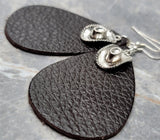 Dark Brown Teardrop REAL Leather Earrings with Cowboy Hat Charms