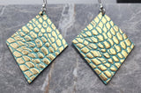 Diamond Shaped Gold and Turquoise REAL Leather Earrings