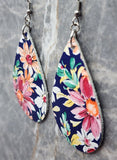 Colorful Flowered Tear Drop Shaped Dark Blue Real Leather Earrings