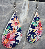 Colorful Flowered Tear Drop Shaped Dark Blue Real Leather Earrings