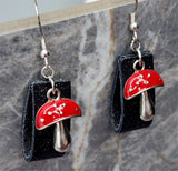 Black with Silver Foil Leather Loops Earrings with Red Cap Mushroom Charms