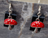 Black with Silver Foil Leather Loops Earrings with Red Cap Mushroom Charms