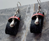 Black with Silver Foil Leather Loops Earrings with Red Cap Mushroom Charms