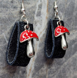 Black with Silver Foil Leather Loops Earrings with Red Cap Mushroom Charms
