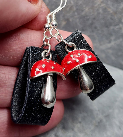 Black with Silver Foil Leather Loops Earrings with Red Cap Mushroom Charms