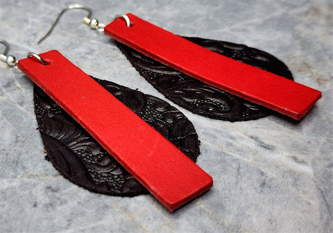 Black Embossed with Red Leather Overlay REAL Leather Earrings