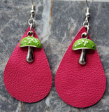 Pink Leather Teardrop REAL Earrings with Green Cap Mushroom Charms