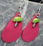 Pink Leather Teardrop REAL Earrings with Green Cap Mushroom Charms
