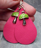 Pink Leather Teardrop REAL Earrings with Green Cap Mushroom Charms