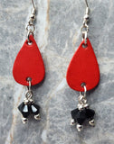 Small Red Vegetable Tanned Real Leather Teardrop Earrings with Black Swarovski Crystal Dangles