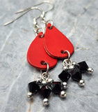 Small Red Vegetable Tanned Real Leather Teardrop Earrings with Black Swarovski Crystal Dangles