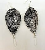 Black and White Paisley Printed FAUX Leather Earrings with Frosted Glass Dagger Bead Dangles