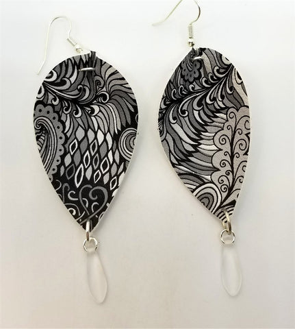 Black and White Paisley Printed FAUX Leather Earrings with Frosted Glass Dagger Bead Dangles