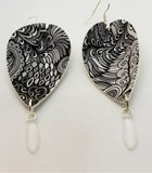 Black and White Paisley Printed FAUX Leather Earrings with Frosted Glass Dagger Bead Dangles