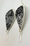 Black and White Paisley Printed FAUX Leather Earrings with Frosted Glass Dagger Bead Dangles