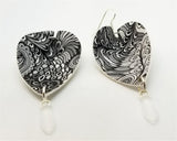 Black and White Paisley Printed FAUX Leather Earrings with Frosted Glass Dagger Bead Dangles