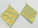 Diamond Shaped Gold and Turquoise Leather Earrings