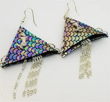 Shimmering Mermaid Real Leather Triangle Earrings with Chain and Mermaid Charm Dangles