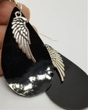 Patent Black FAUX Leather Teardrop Earrings with Silver Wing Charms