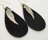 Patent Black FAUX Leather Teardrop Earrings with Silver Wing Charms
