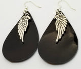 Patent Black FAUX Leather Teardrop Earrings with Silver Wing Charms