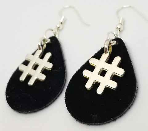 Black Teardrop Suede Leather Earrings with Silver Hashtag Charms