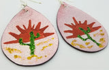 Hand Painted Southwestern Scene on Pink Metallic Real Leather Teardrop Earrings