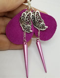Fuchsia Teardrop Suede Leather Earrings with Butterfly Charms and Pink Spike Dangles