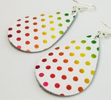 White Teardrop Shaped Rainbow Polka Dots Leather Earrings