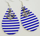 Nautical Blue and White Striped FAUX Leather Earrings with Anchor Charms