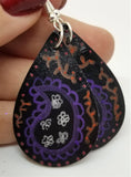 Black Real Leather Teardrop Earrings with Hand Drawn Paisley Design OOAK