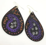 Black Real Leather Teardrop Earrings with Hand Drawn Paisley Design OOAK