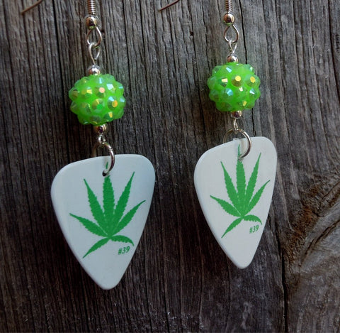 Marijuana Leaf Guitar Pick Earrings with Green Studded Rhinestone Beads